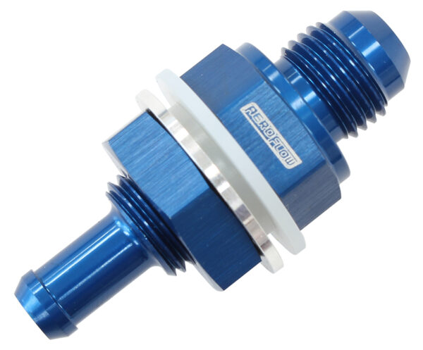 AEROFLOW Fuel Cell Bulkhead Fitting -6 A N to 5/16 Inch Barb Blue