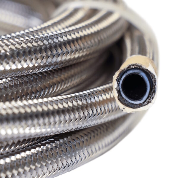 FITECH 20 Ft -6AN PTFE Stainless Steel Hose Kit with 10 Micron Filter & Check Valve, Braided - Hose End View