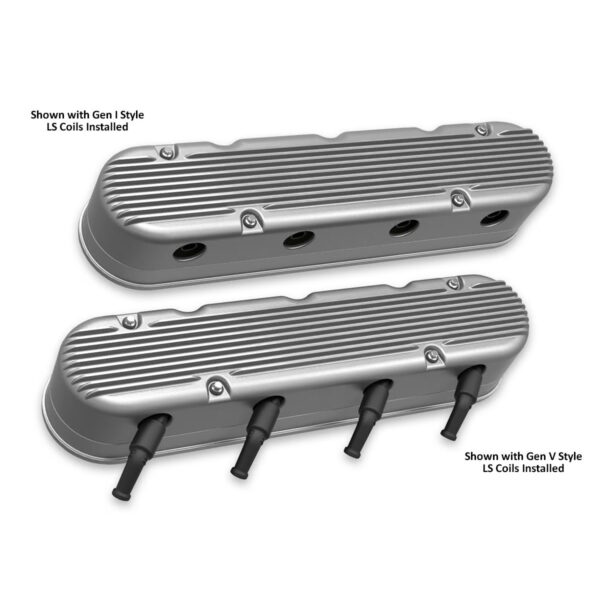 HOLLEY Two Piece Finned Alloy Valve Rocker Cover, L S 1, L S 2, L S 3, L S 6 and LS7, Raw Aluminium - Top View with Coils Fitted