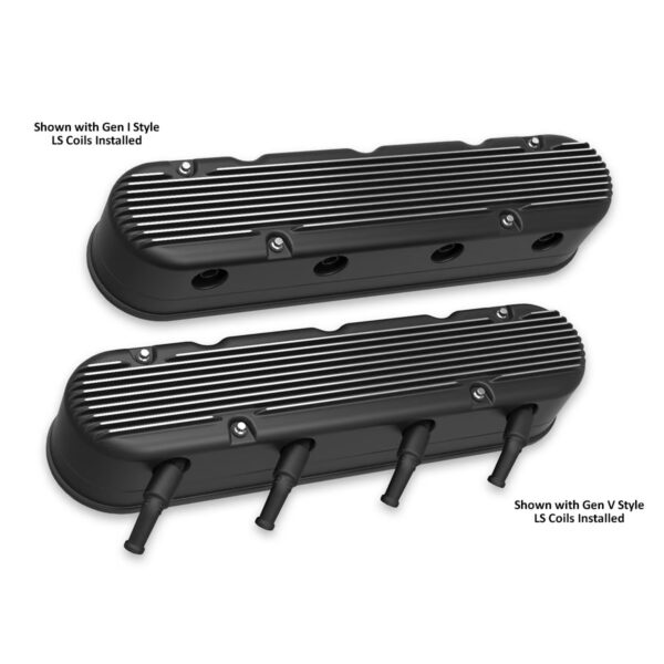 HOLLEY Two Piece Finned Alloy Valve Rocker Cover, L S 1, L S 2, L S 3, L S 6 and L S 7 Engines, Black - Top View with Coils Fitted