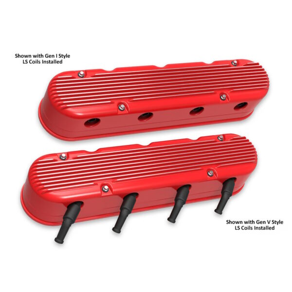 HOLLEY Two Piece Finned Alloy Valve Rocker Cover, for L S 1, L S 2, L S 3, L S 6 and L S 7 engines, Red - Top View with Coils Fitted