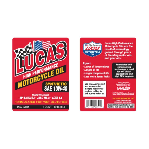 LUCAS Synthetic Motorcycle Engine Oil SAE 10W40 1 Quart