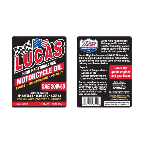 LUCAS High Performance Motorcycle Engine Oil SAE 20W50 1 Quart