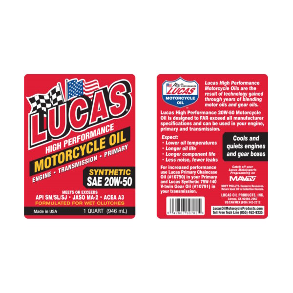 LUCAS Synthetic Motorcycle Engine Oil SAE 20W50 1 Quart
