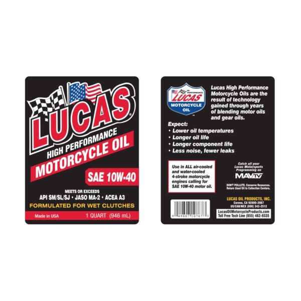 LUCAS Semi Synthetic Motorcycle Engine Oil SAE 10W40 1 Quart