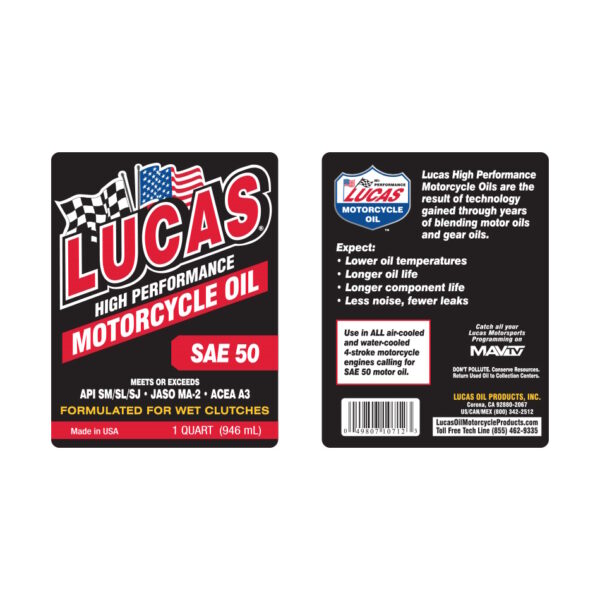LUCAS Motorcycle Engine Oil SAE 50 Weight 1 Quart