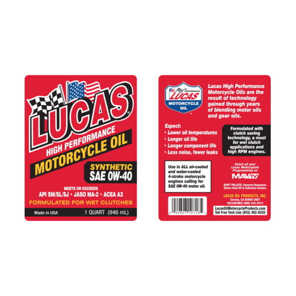 LUCAS Synthetic Motorcycle Engine Oil Label S A E 0 W 40 1 Quart