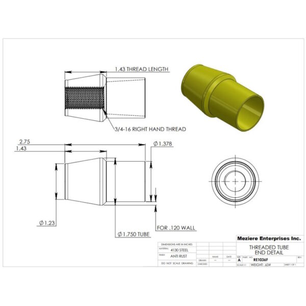 MEZIERE Threaded Tube End Fits 1 3/4 Inch x 0.120 Inch with 3/4-16 Inch Right Hand Thread - Schematic