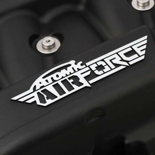 M S D Atomic AirForce L S 7 Intake Manifold, Black & Silver, Logo Closeup