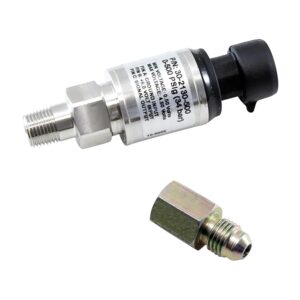 AEM 500 PSIg Stainless Sensor Kit. Stainless Steel Sensor Body. 1/8" NPT Male Thread. Includes: 500 PSIg Stainless Sensor, Connector, Pins & 1/8" NPT to -4 Adapter