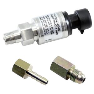 AEM 100 PSIa or 7 Bar Stainless Sensor Kit. Stainless Steel Sensor Body. 1/8" NPT Male Thread. Includes: 75 PSIa or 5 Bar Stainless Sensor, Connector, Pins, 1/8" NPT to -4 Adapter & 1/8" NPT to 3/16" Barb Adapter