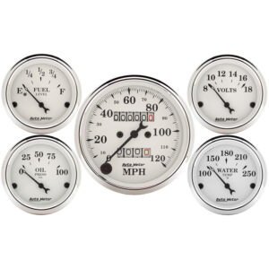 AUTOMETER 5 piece Gauge Kit 3 1/8 Inch and 2 1/16 Inch, Mechanical Speedometer, Old Tyme White